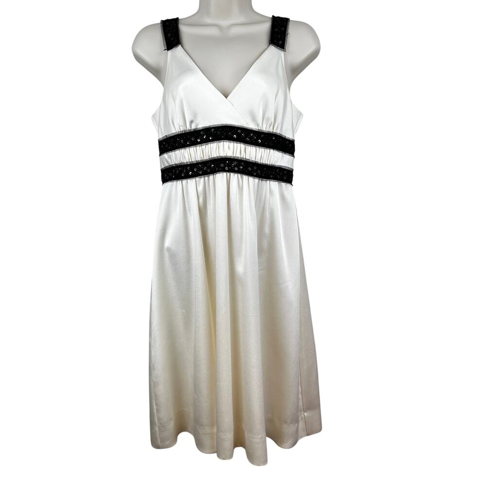 BCBGMAXAZRIA Satin Baby Doll Dress Y2K Sleeveless Beaded Cream 4 Event Bride